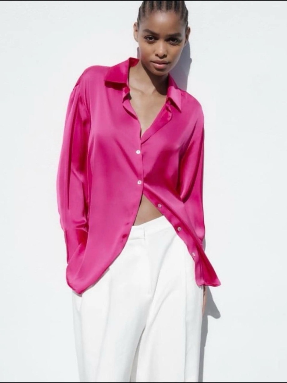Zara Hot Pink Satin Button-Down Blouse